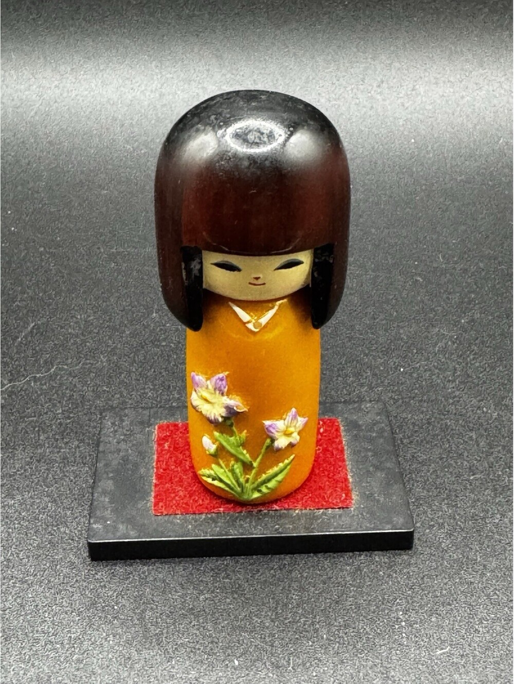 Vintage Japanese Plastic Kokeshi Doll - Orange Floral Dress - 2.5”